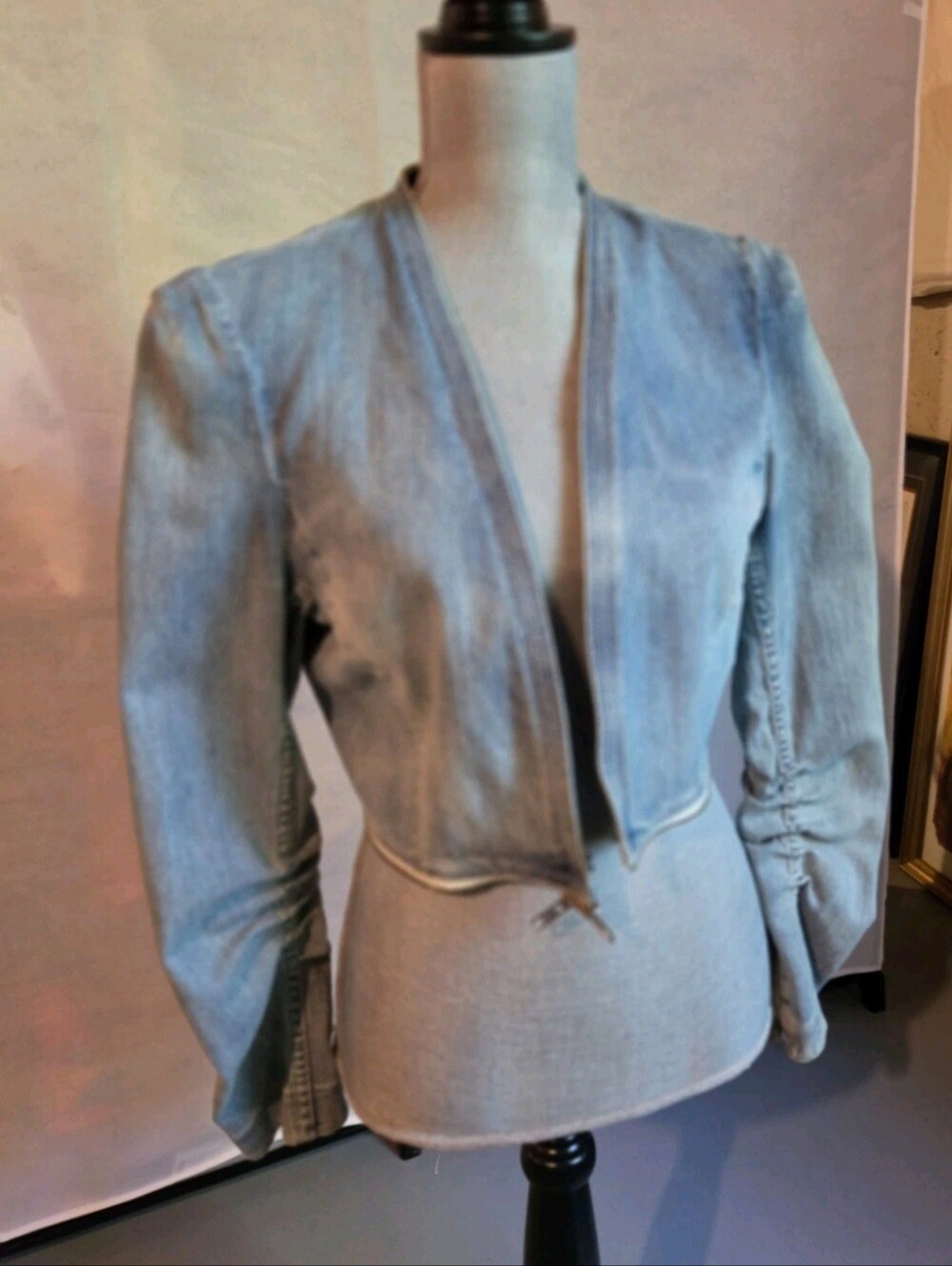 REBECCA TAYLOR Womens 12 Blue Denim Peplum Zip Accent Jacket Ruched Sleeves - Picture 7 of 12
